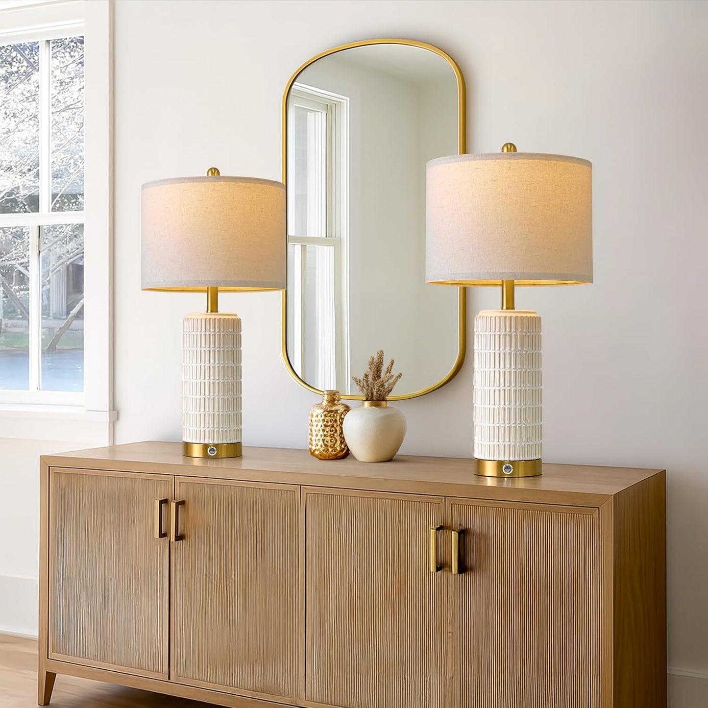 PoKat Touch Bedside Table Lamps with USB Ports for Bedroom, 25'' Dimmable Nightstand Touch Lamps for Living Room, Modern Ceramic Lamps for Night Stands Bedroom, Office, Nursery, White and Beige