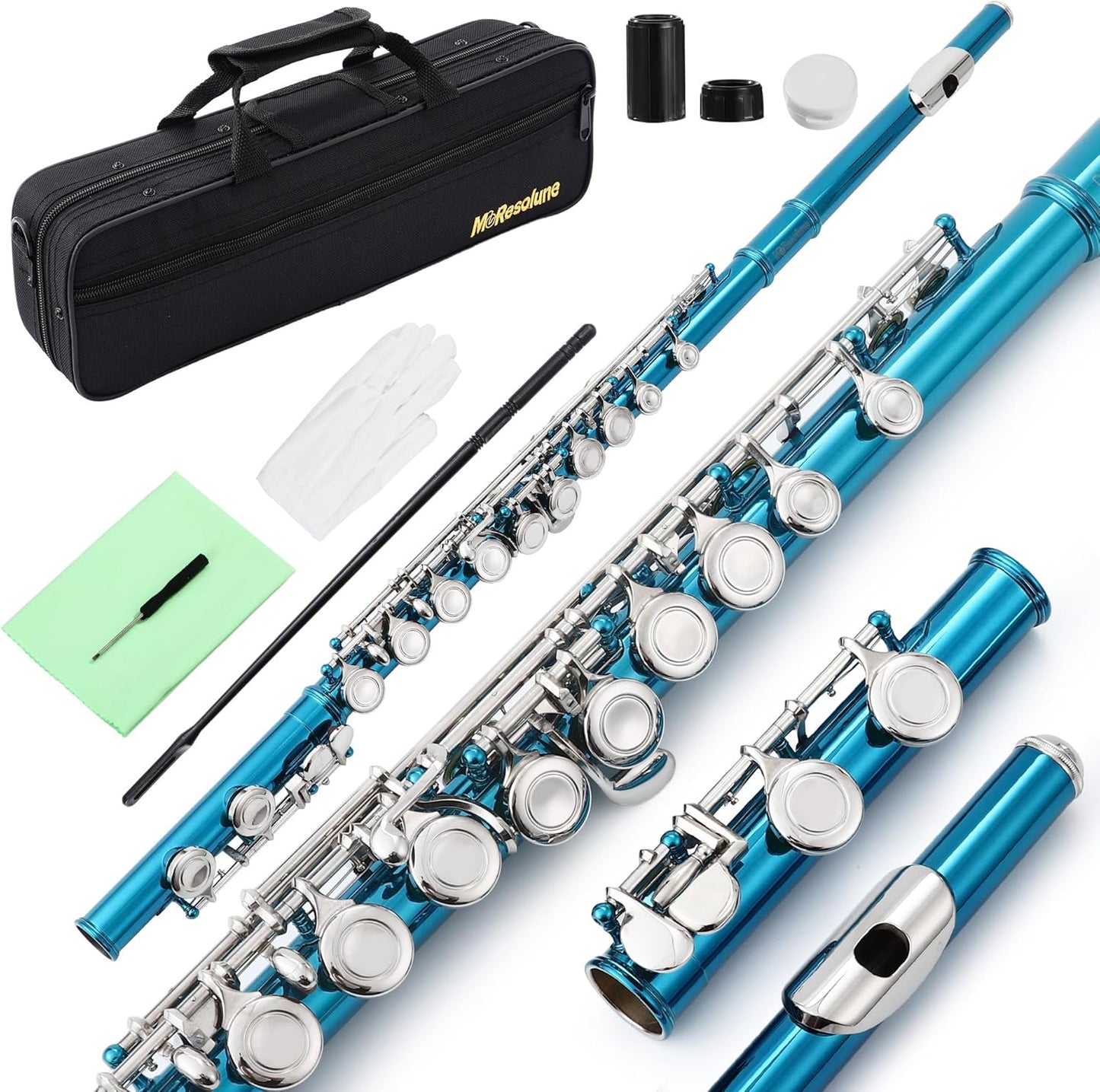 C Flute Closed Hole 16 Key for Beginner Student Blue Flute with Carrying Case Stand Gloves Cleaning Cloth for School Band Instruments
