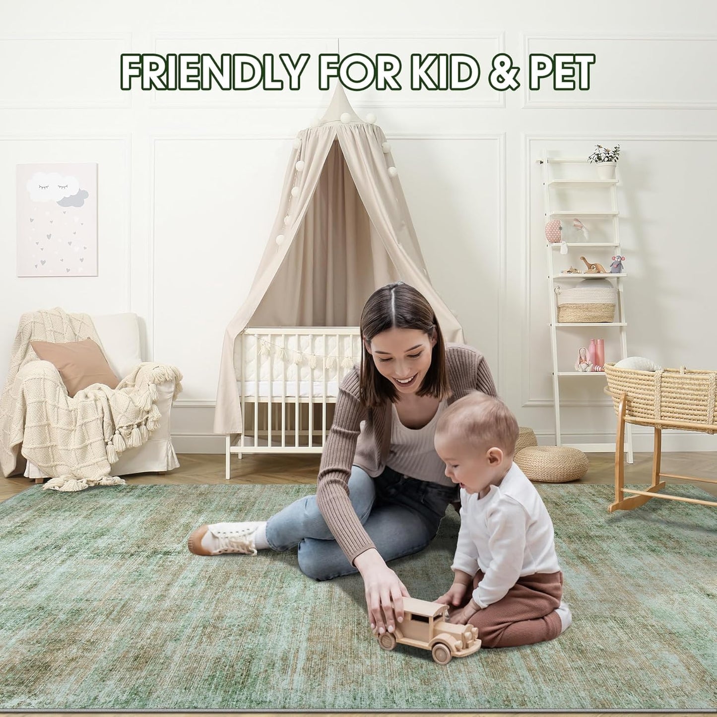 Area Rug 9x12 Washable Rugs: Abstract Large Living Room Rugs with Non-Slip Backing, Thin Carpet for Dining Room Table Bedroom Nursery Indoor Home Office-Light Green/Brown