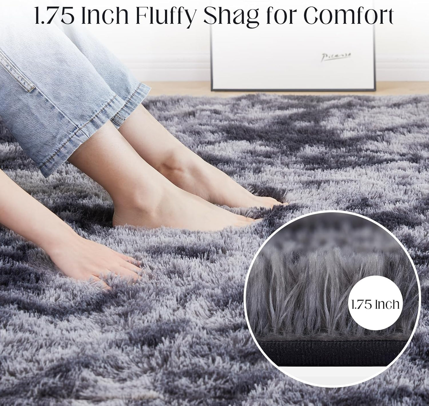 Fluffy Area Rug, 4x5.8 Tie-Dyed Dark Grey Rugs for Bedroom, Soft Plush Area Rugs for Living Room, Nursery, Study Room, Dressing Room, Home Decor