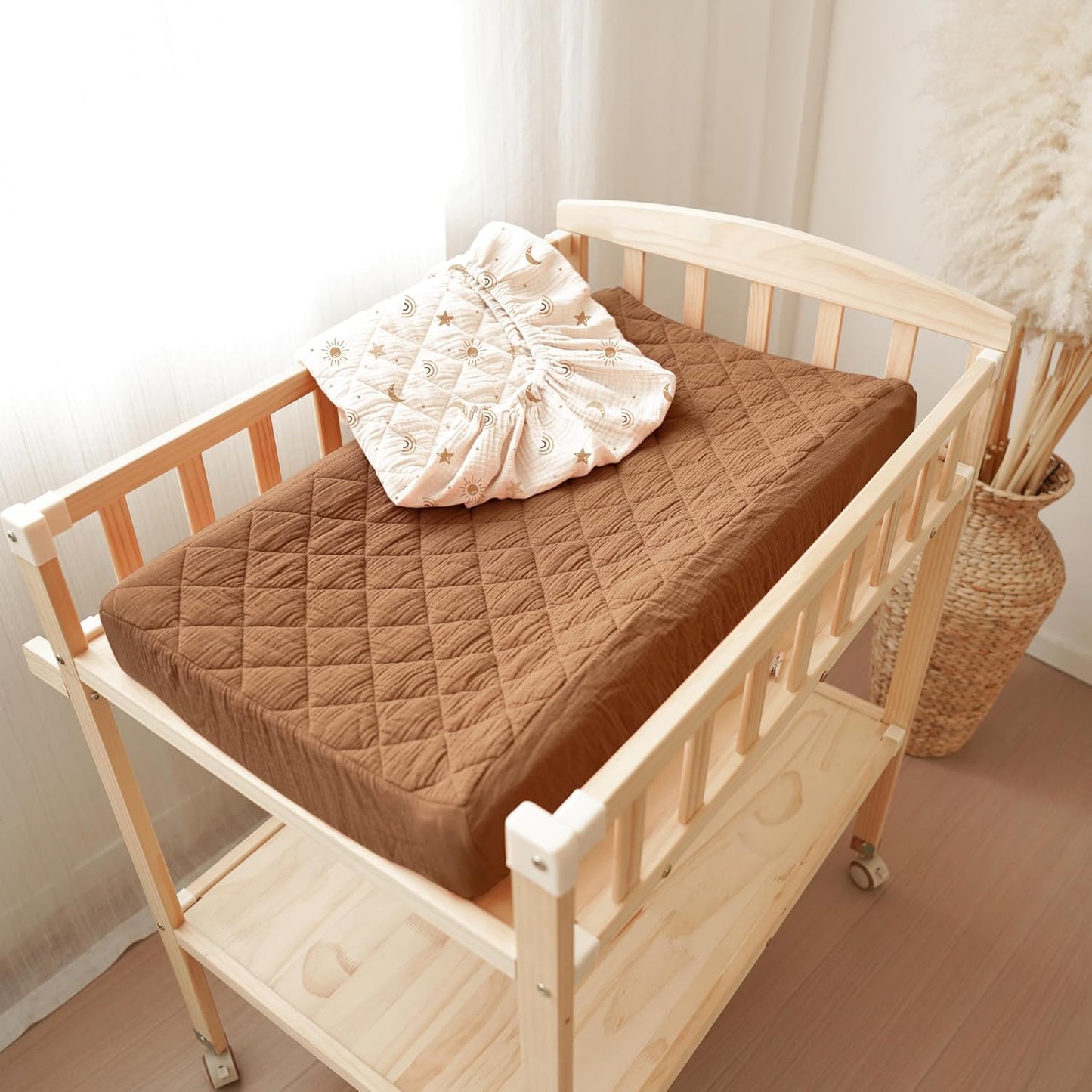 Konssy Waterproof Muslin Changing Pad Cover 2 Pack, Quilted Cotton Fitted Diaper Changing Table Cover, Soft Changing Pad Sheets for Girls Boys (Sunbeam Yellow,Coffice)