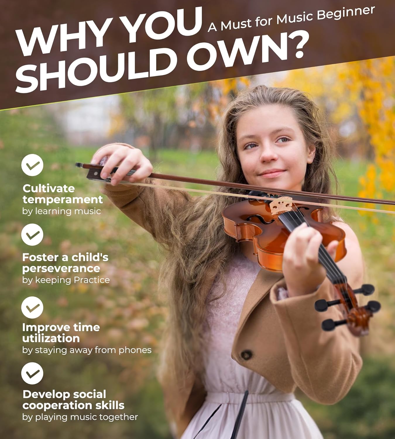 Vangoa Violin 3/4 Size for Kids Full Set, Beginners Fiddle Three Quarter Bundle Acoustic Violins Starter Kit Package w/Side Solidwood, Hard Case for School Students, Childrens, Adults Ages 9-11