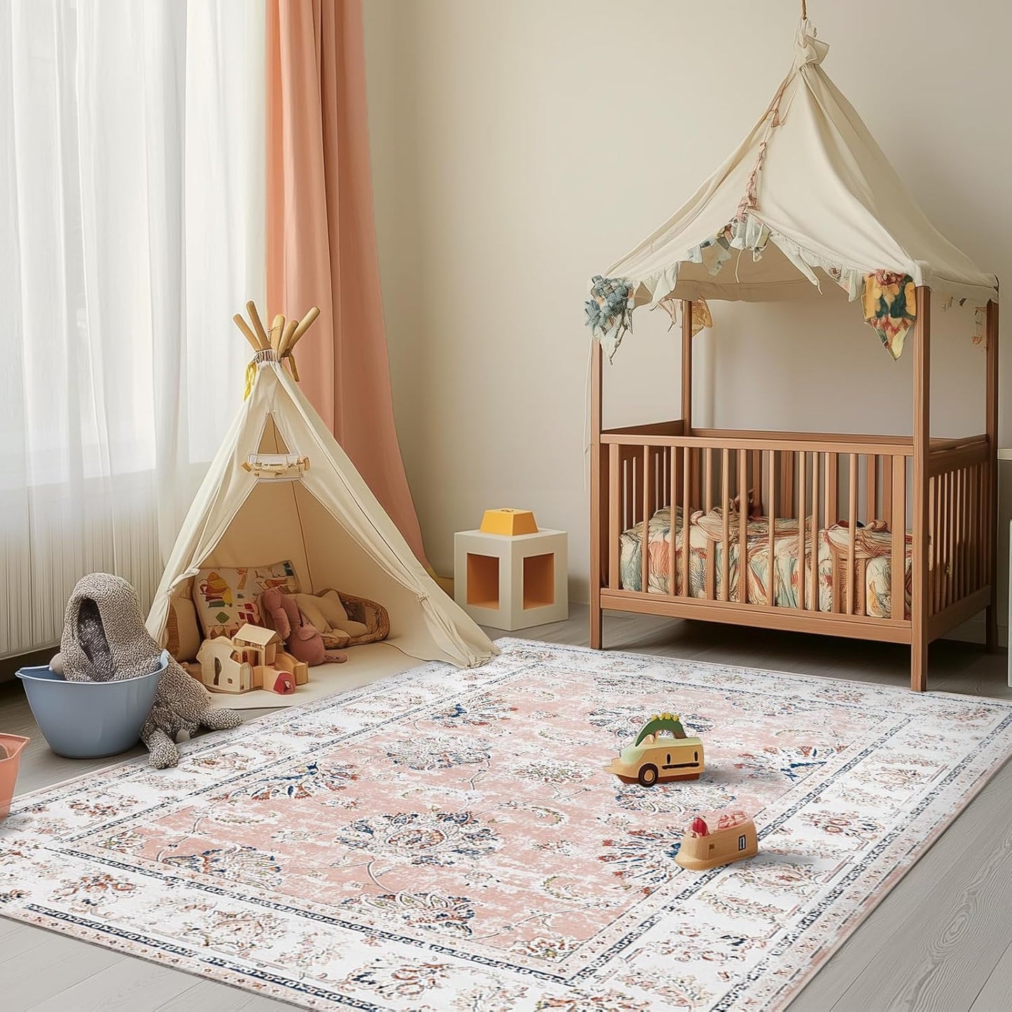 jinchan Washable Area Rug 4x6 Ultra-Thin Low Pile Non-Slip Stain Resistant Soft Faux Wool Spring Floral Rug Distressed Vintage Carpet for Bedroom,Living Room,Dining Room,Kitchen,Nursery(Pink, 4' x 6')