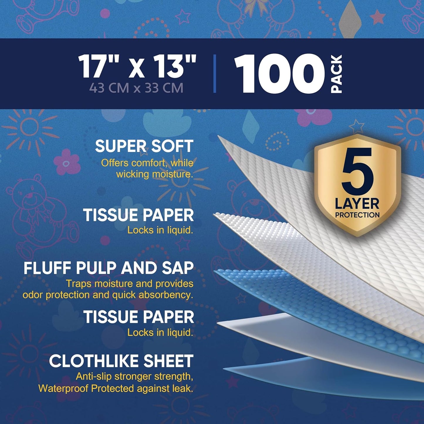 100 Pack Disposable Baby Changing Pads 17 X 13 Inches, Super Absorbent Incontinence Underpads, Waterproof Potty Training, Diaper Liners