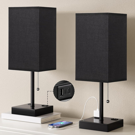 Plus Black Bedside Table Lamps Set of 2 - Bedroom Lamps with 3 Colors (3000K/5000K/4000K), Square Nightstand Lamp with USB C + A Charging Ports and 2 AC Outlets, Pull Chain Night Light for End Table