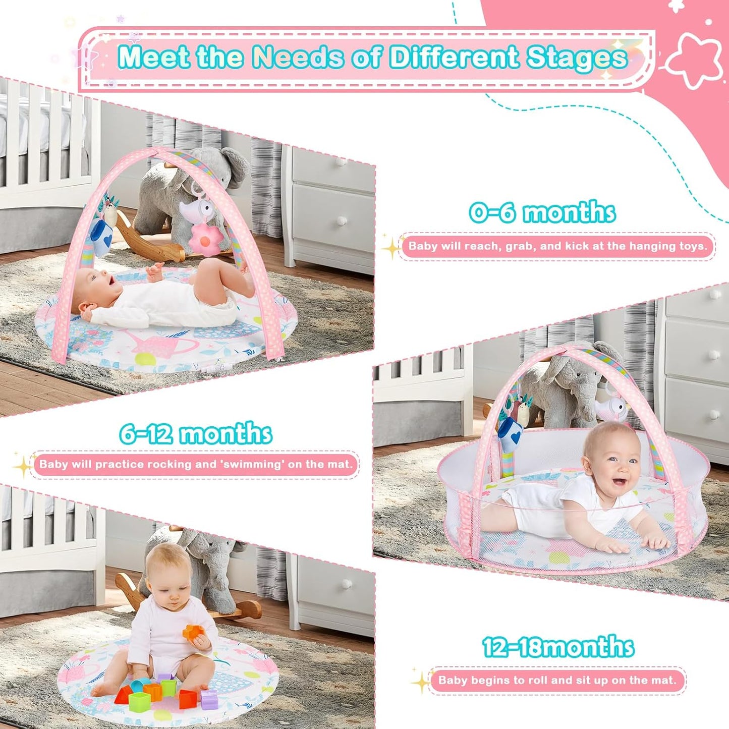 Baby Play Mat, 4-in-1 Baby Play Gym Tummy Time Mat with Ball Pit and 5 Detachable Toys for Newborn to Develop Sensory Exploration and Motor Skill 0-6-12 Months