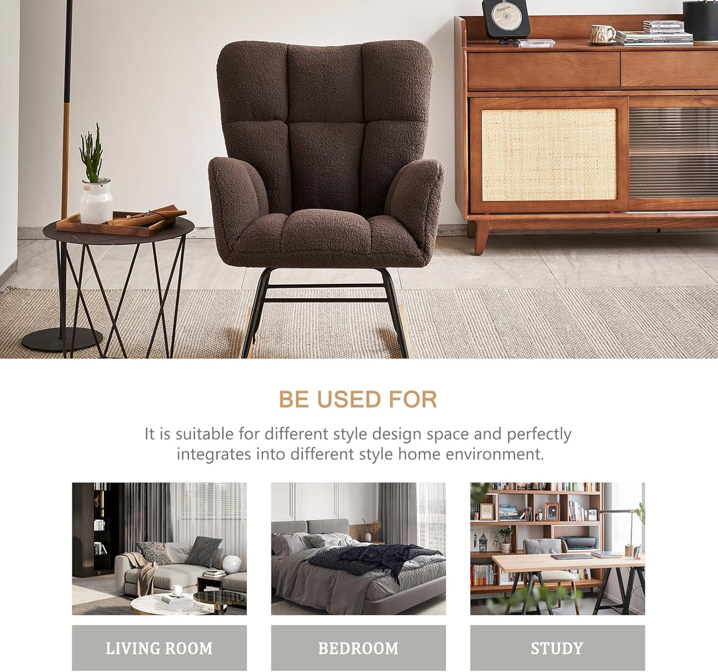 Kiztir Rocking Chair Nursery, High Backrest Teddy Glider Rocker Upholstered Rocker Recliner Modern Rocking Accent Chairs for Bedroom, Living Room, Offices (Brown)