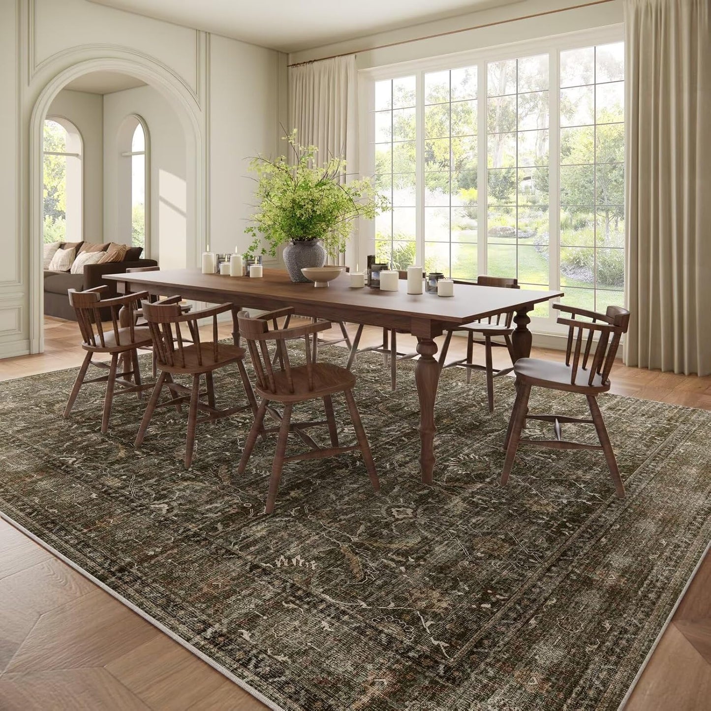 Washable 9x12 Area Rugs for Living Room, Boho Non-Slip Silicone Backing Rugs for Bedroom Dining Room Nursery Office, 0.3" Neutral Oriental Throw Carpet with 0.16" Cushioning Pad, Deep Brown/Multi