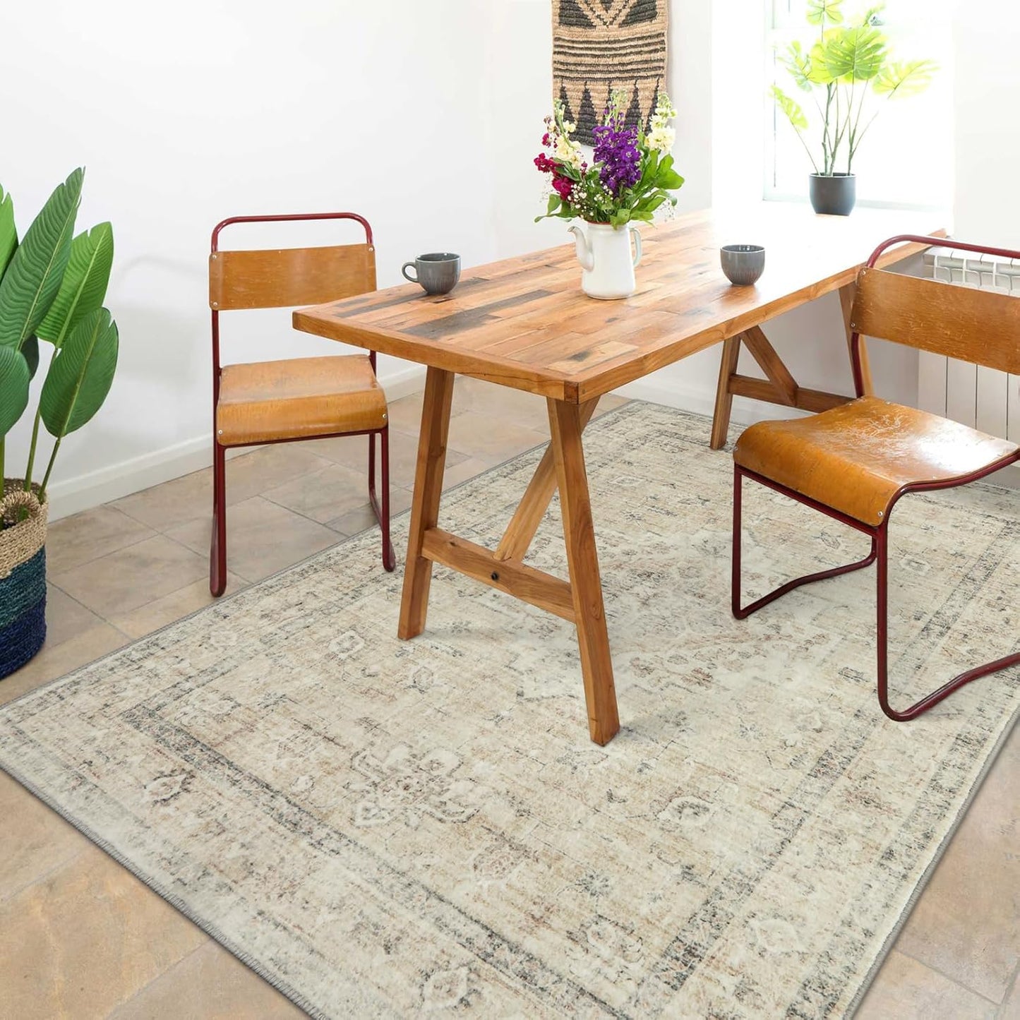 LIVEBOX Bedroom 4x6 Washable Area Rug for Entryway Kitchen, Non-Slip Soft Boho Rugs for Dining Room Office, Farmhouse Low-Pile Neutral Soft Carpet for Nursery Room Playroom, Tan