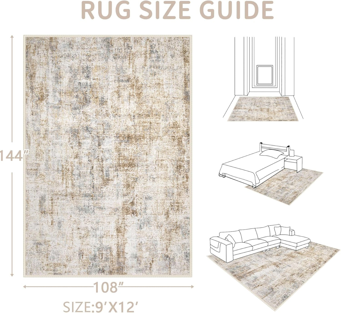 Area Rugs 9x12 Living Room: Washable Rug Modern Abstract Large Rugs Soft Non Slip Neutral Rug Stain Resistant Indoor Carpet for Bedroom Kitchen Dining Room Home Office Rugs(Blue Brown,9'x12')