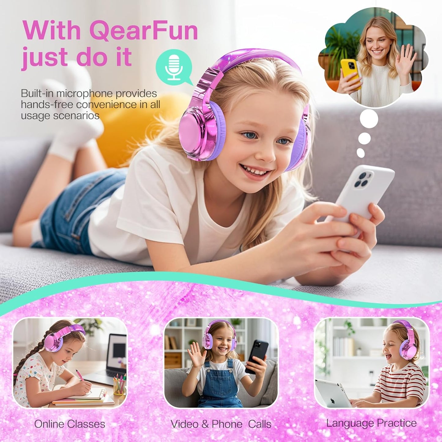 QearFun Kids Bluetooth 5.3 Headphones, Wireless Metallic Gradient Headset, Lightweight Foldable On Ear Headphones with Aux Cord, Fast Charging, Built-in Mic, for School/Travel/Tablet/iPad