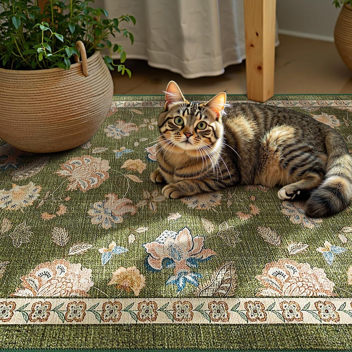 jinchan 3x5 Floral Rug for Entryway Washable Kitchen Rug Vintage Romance Design Small Mat Non Slip Indoor Doormat Lightweight Low-Profile Throw Carpet for Entrance Bathroom Laundry Room, Green