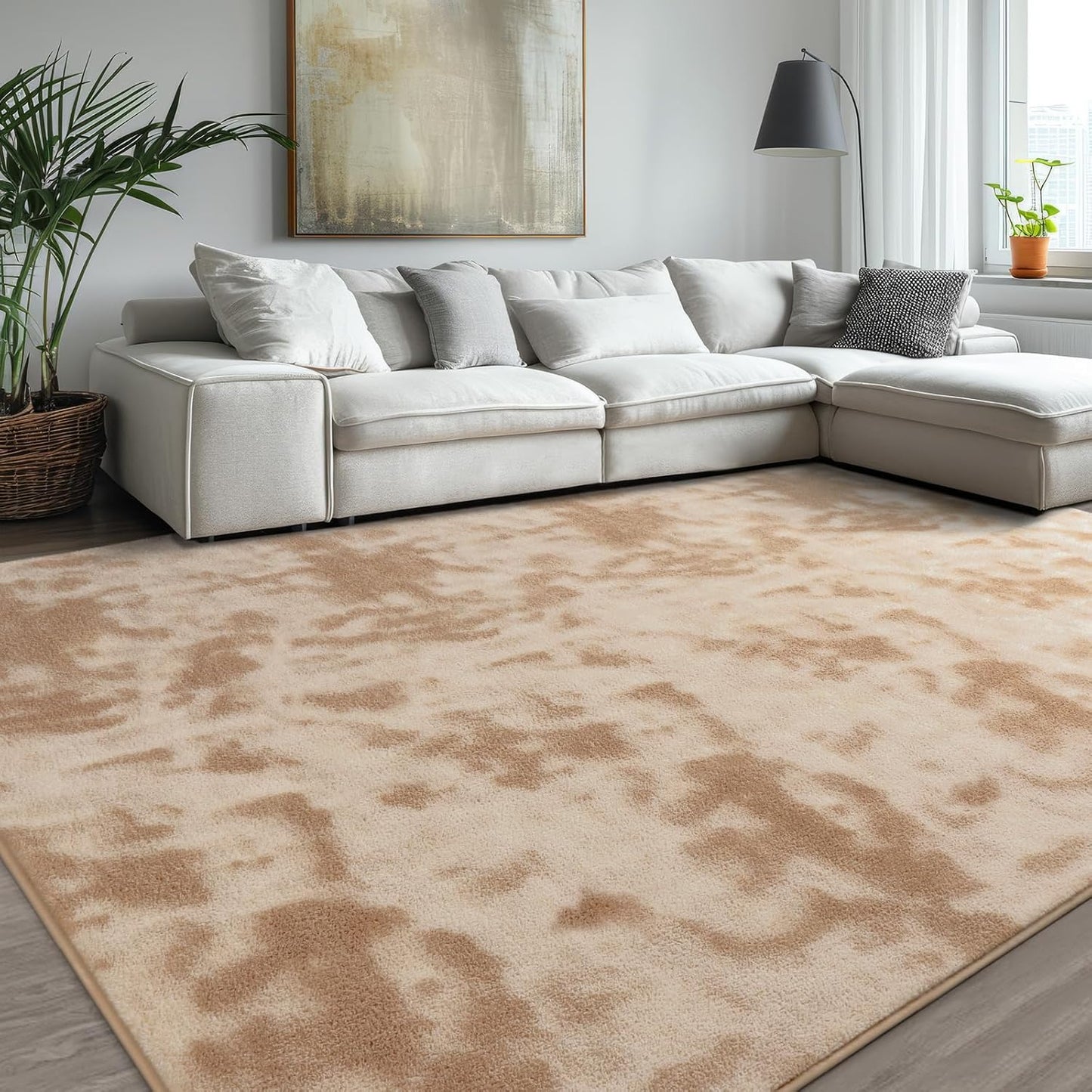 Kimicole 4x6 Washable Area Rugs for Bedroom Living Room, Low Pile Ulta-Thin Solid Color Rug, Non-Slip Soft Fluffy Carpet for Nursery Kids Room Dorm Room Home Decor (Light Tan)