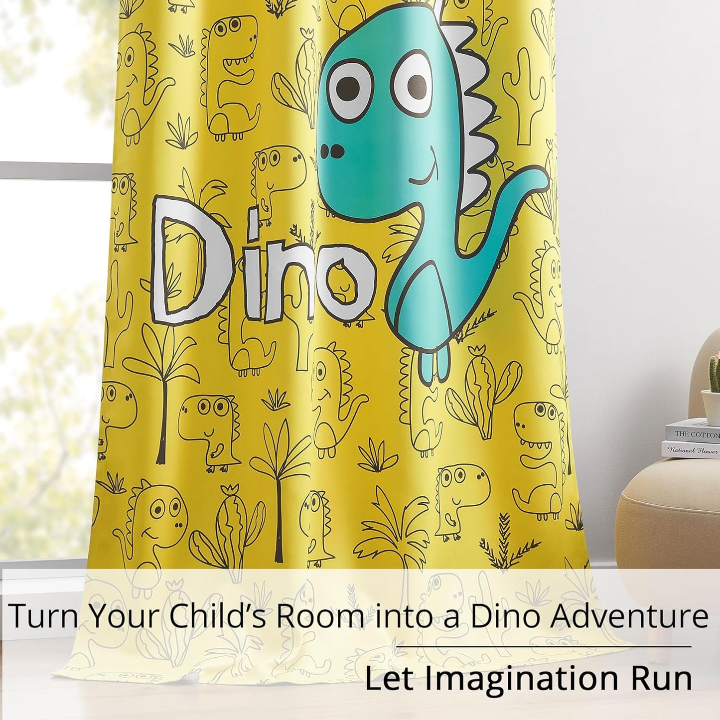 Dinosaur Blackout Curtains for Kids Room - 2 Panels, Each W52×L63, 100% Blackout, Thermal Insulated, Noise Reducing, Perfect for Kids Room and Nersury