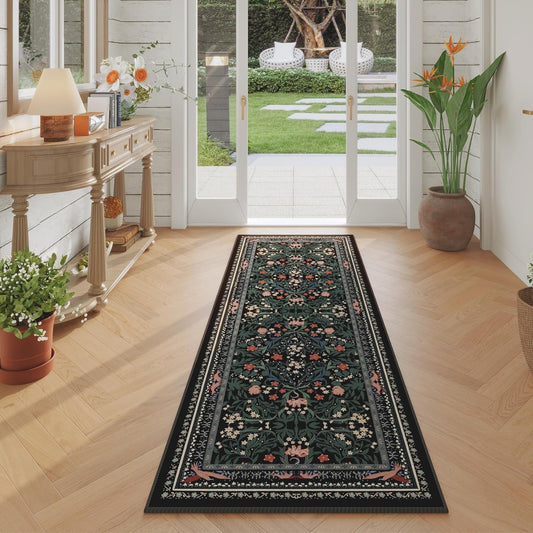 Runner Rug for Kitchen Rug Non Slip 2'6"x8' Washable Rugs with Rubber Backing Soft Vintage Floral Botanical Carpet Runner for Kitchen, Laundry, Bedroom, Bathroom, Black