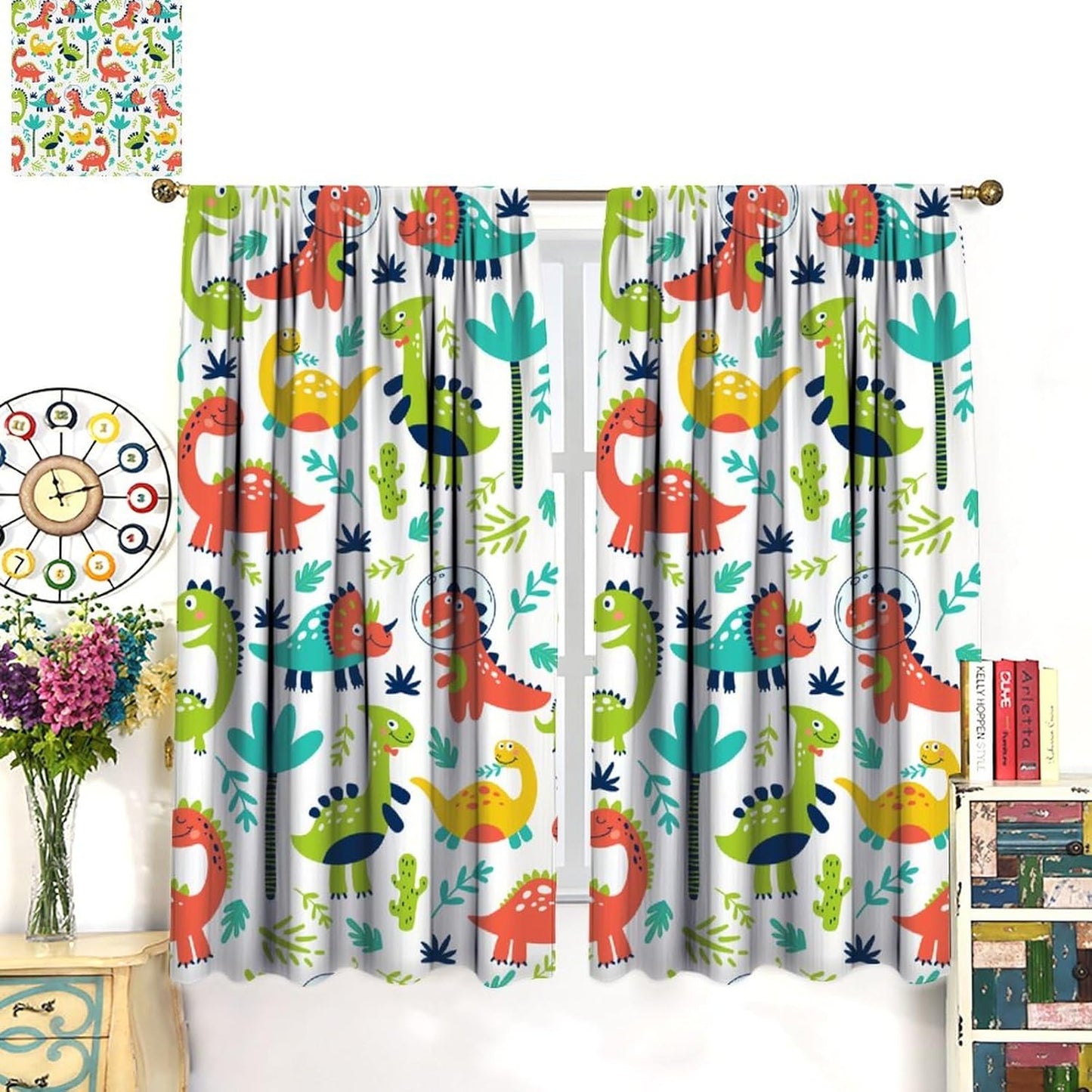 Rustic Dinosaurs Curtains Colorful Dino Kids Boys Cartoon Cute Cool Funny Decor Printed Blackout Rod Pocket Window Drapes for Living Room Bedroom W27.5xL63in 2 Panels