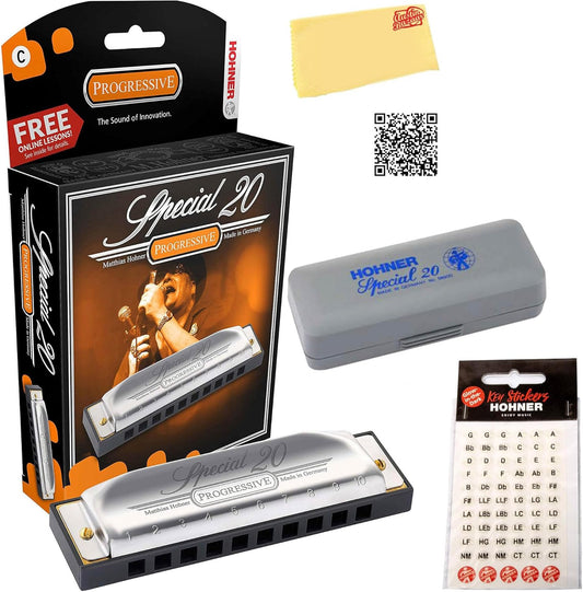 Hohner 560 Special 20 Harmonica - Key of D Bundle with Carrying Case, Key Stickers, Harmonica Beginner Online Manual, and Austin Bazaar Polishing Cloth
