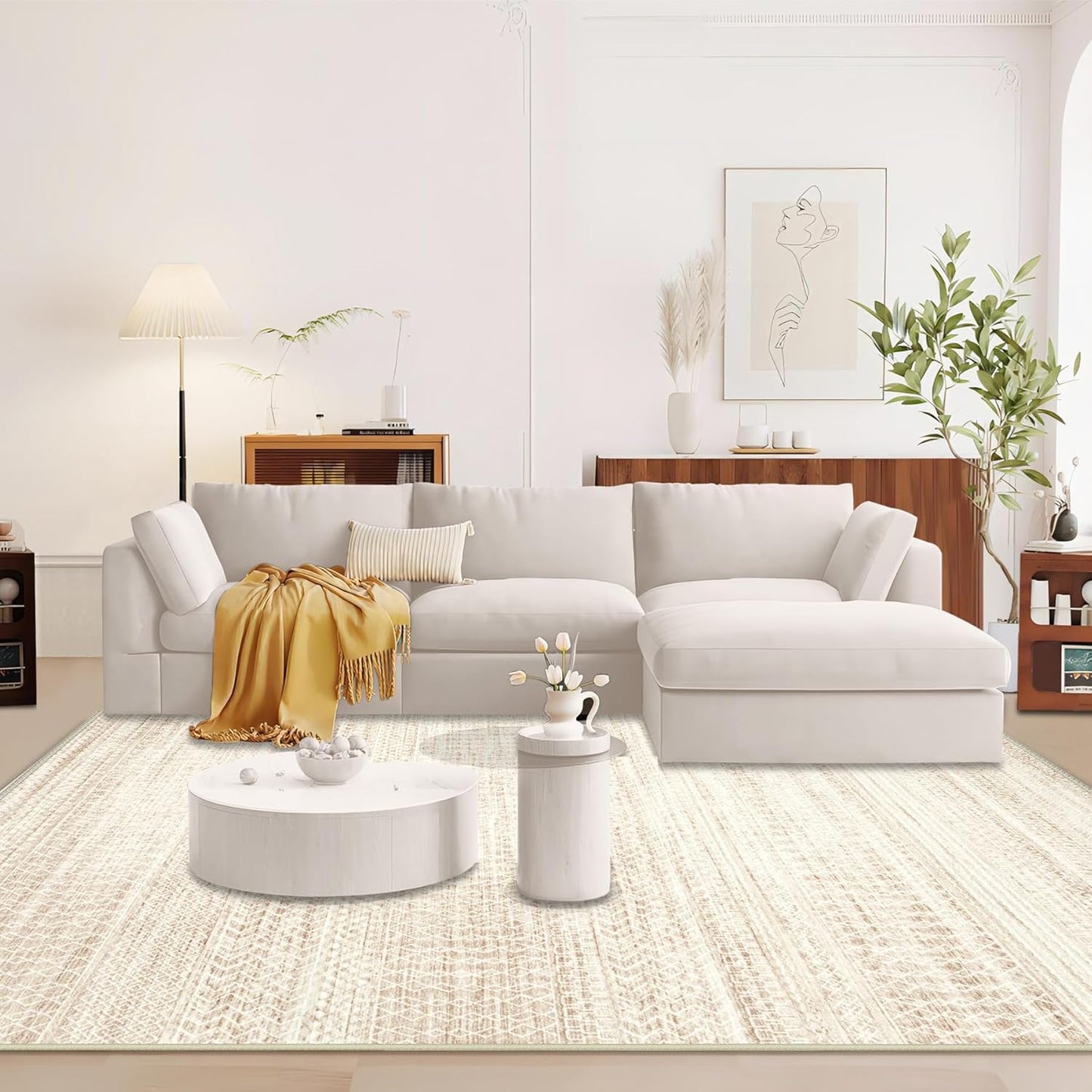 Moroccan Large Area Rug 6x9 - Soft Machine Washable Geometric Boho Distressed Farmhouse Rug Morden Stain Resistant Indoor Floor Carpet for Bedroom Dining Table Nursery Home Office(6'x9',Ivory Beige)