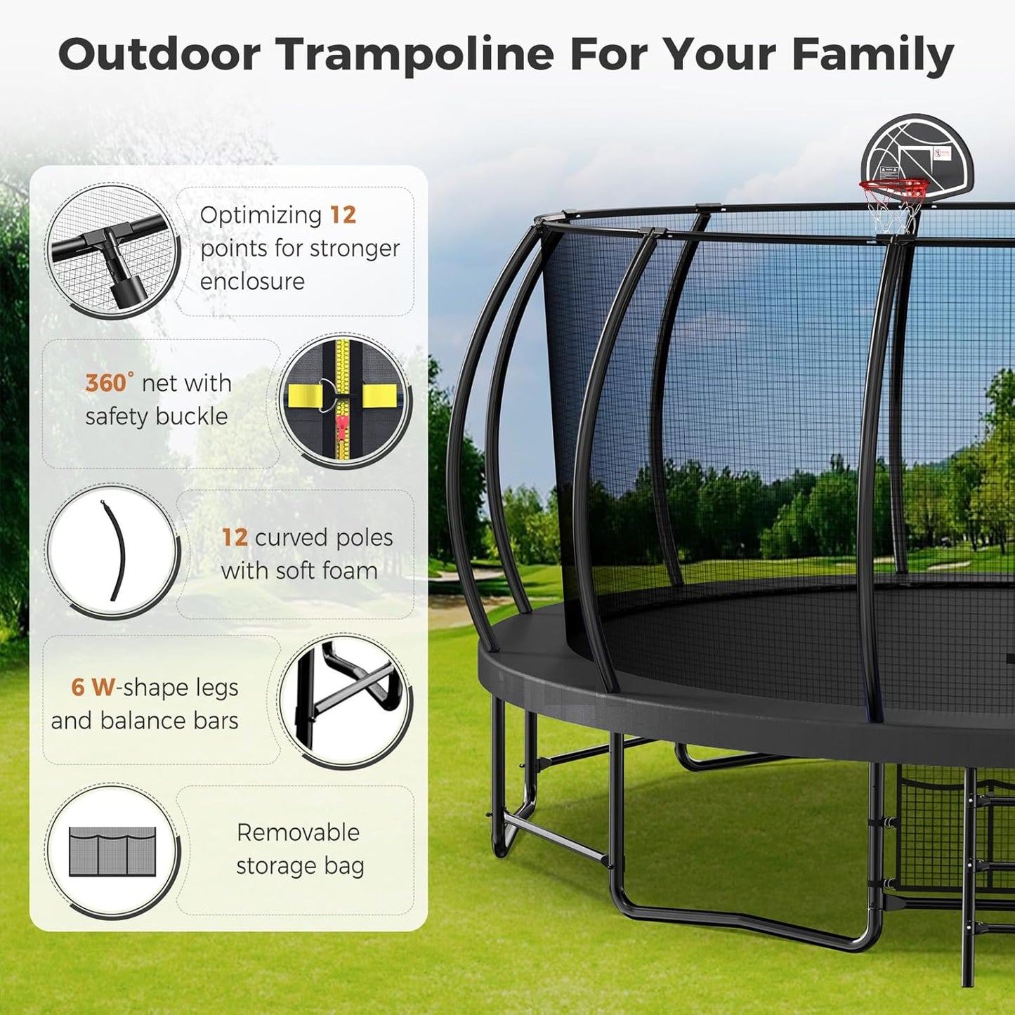 Tatub Large Trampolines Outdoor 10 12 14 15 16FT for Kids and Adults,Outdoor Recreational Pumpkin Trampolines with Curved Poles and Safety Enclosure Net, Basketball Hoop, Ladder