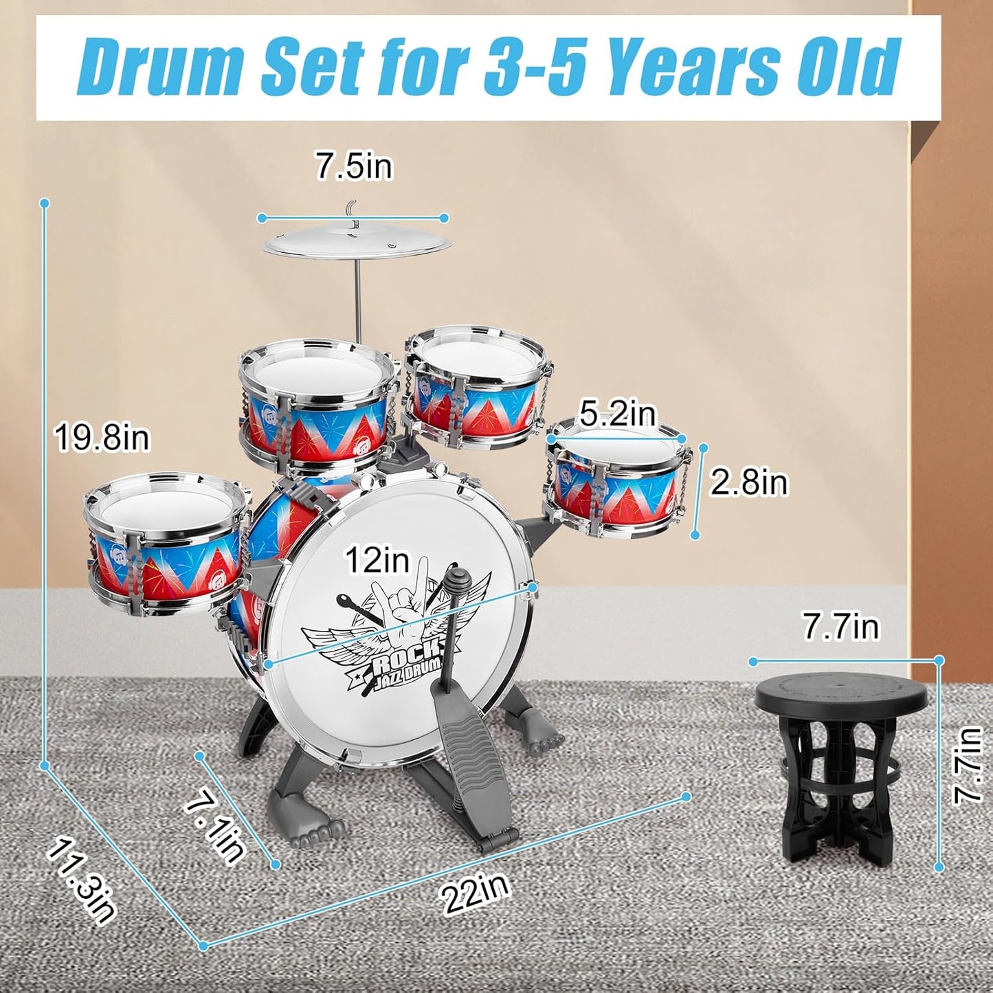 Toddler Drum Set Kids Jazz Drum Kit with Stool Musical Instruments Toys Birthday Chirstmas Easter Gifts for Boys Girls Aged 3 4 5 Year Old
