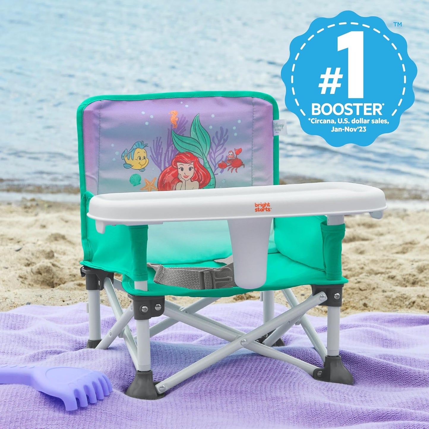 Bright Starts Disney Princess Ariel Pop 'N Sit Portable Booster, Indoor/Outdoor Use, Floor Seat with Feeding Tray, 6 Mos - 3 Yrs