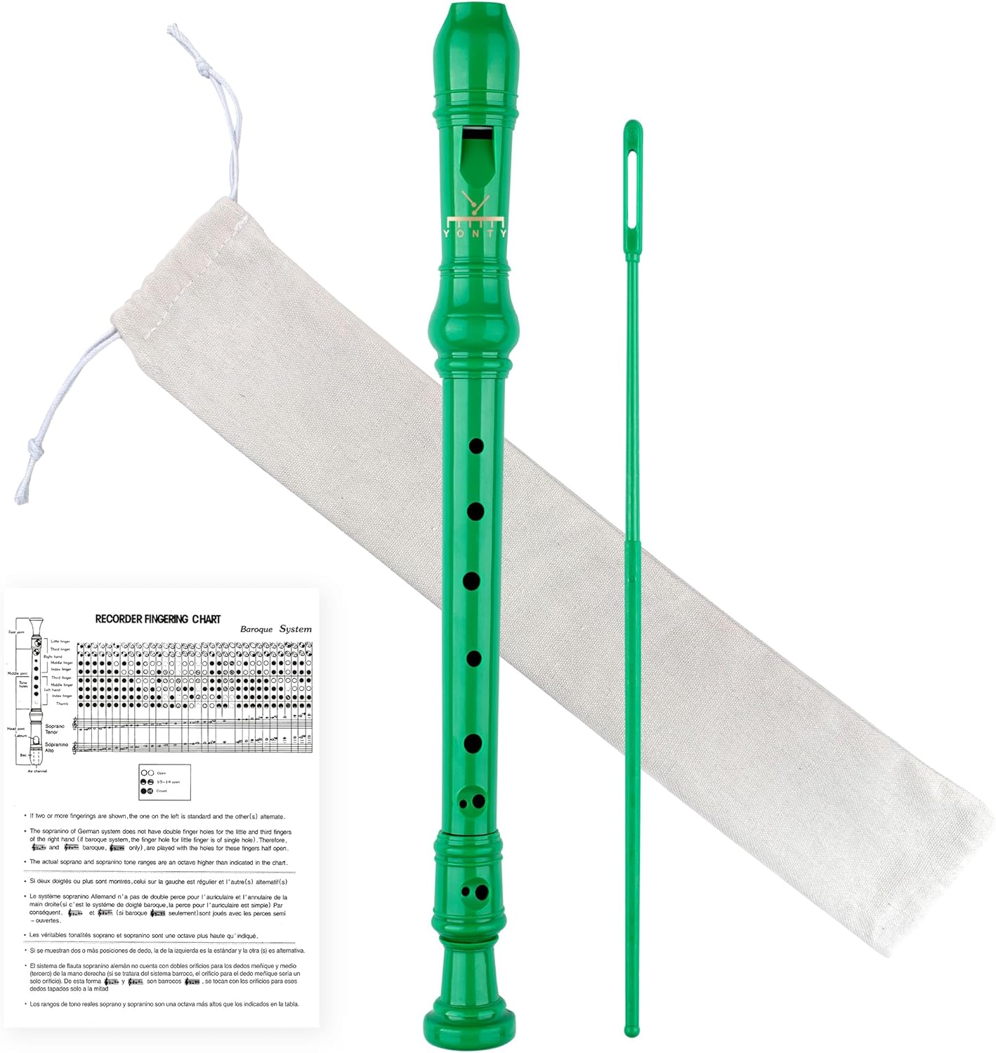 Soprano Recorder 8-Hole Instrument for Beginners Kids Students, German Style C Key Flute with Cleaning Rod & acking Bag for Education & Entertainment - Green