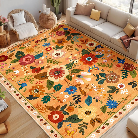 Floral 8x10 Area Rug Machine Washable Soft Print Boho Carpet Non Slip Doormat Low Pile Flower Area Rugs for Living Room Bedroom Nursery Kitchen Dining Room Indoor-Yellow/Orange