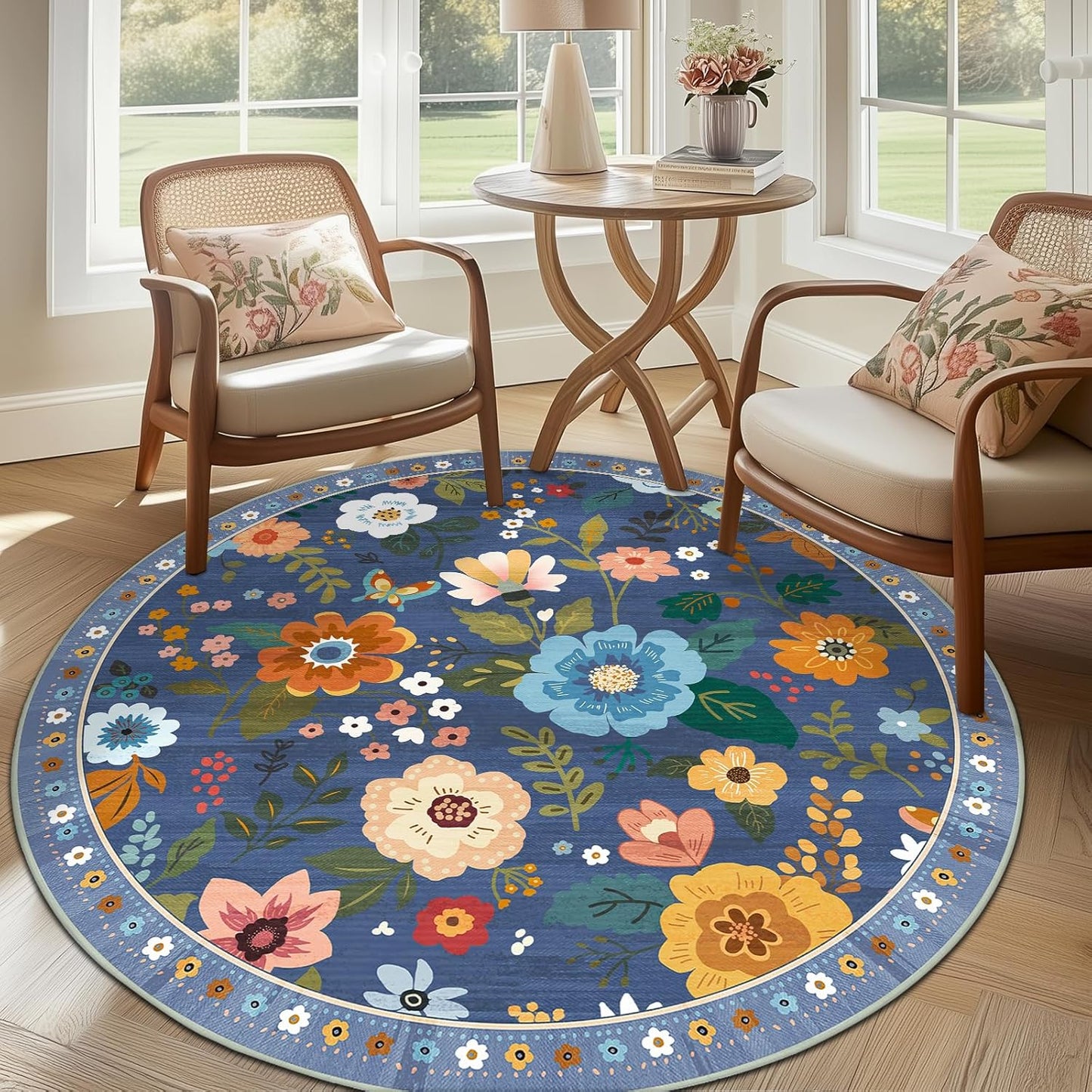 Floral 4ft Area Rug Machine Washable Soft Print Boho Carpet Non Slip Doormat Low Pile Flower Area Rugs for Living Room Bedroom Nursery Kitchen Dining Room Indoor-Blue/Grey