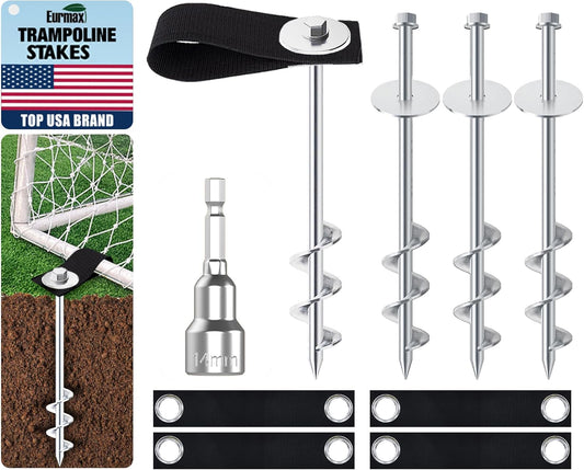 Eurmax USA Ground Anchors Screw in Trampoline Anchors High Wind Tent Stakes Heavy Duty Ground Stakes Trampoline Stakes Anchor Kit Set of 4 Bonus 4 Strong Belt (Silver)