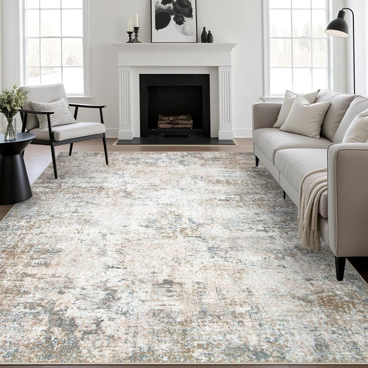 9x12 Area Rug Living Room Rug: Washable Modern Abstract Soft Thin Rug Indoor Floor No Slip Stain Resistant Carpet for Bedroom Dining Room Farmhouse Nursery Home Office - Brown Grey