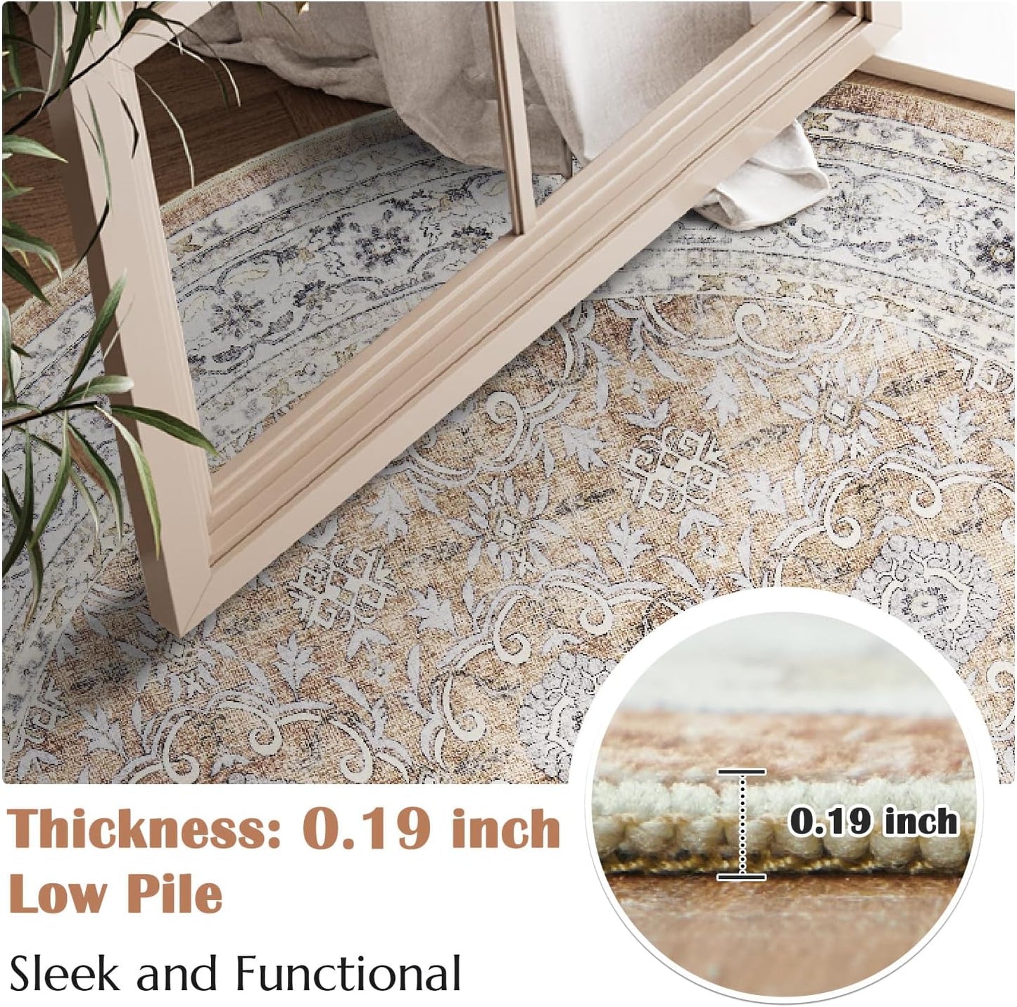 jinchan Round Rug 5ft Washable Circle Soft Rug - Low Pile Vintage 5'Round Indoor Orange Floral Print Stain Resistant Boho Carpet Ultra-Thin Non-Slip for Entryway Nursery Bedroom Dining Room Kitchen