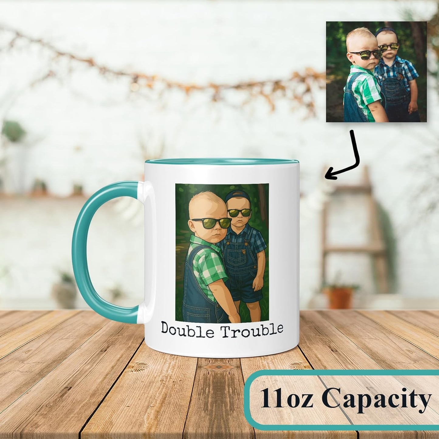 Personalized Coffee Mug, Custom Drawing Portrait Gift, Funny Customized Coffee Gift for Men & Women, Custom Mugs with Pictures, Teal 11oz Customized Ceramic Tea Cup