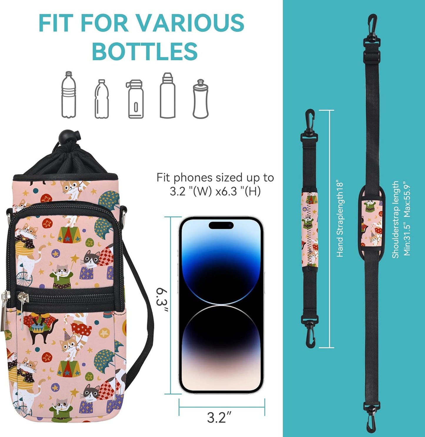 AUPET Water Bottle Sling Bag Sleeve Holder Carrier 25/32/40/64 oz,Insulated Crossbody Water Bottle Case Cover with Strap and Pockets for Men/Women Walking Hiking