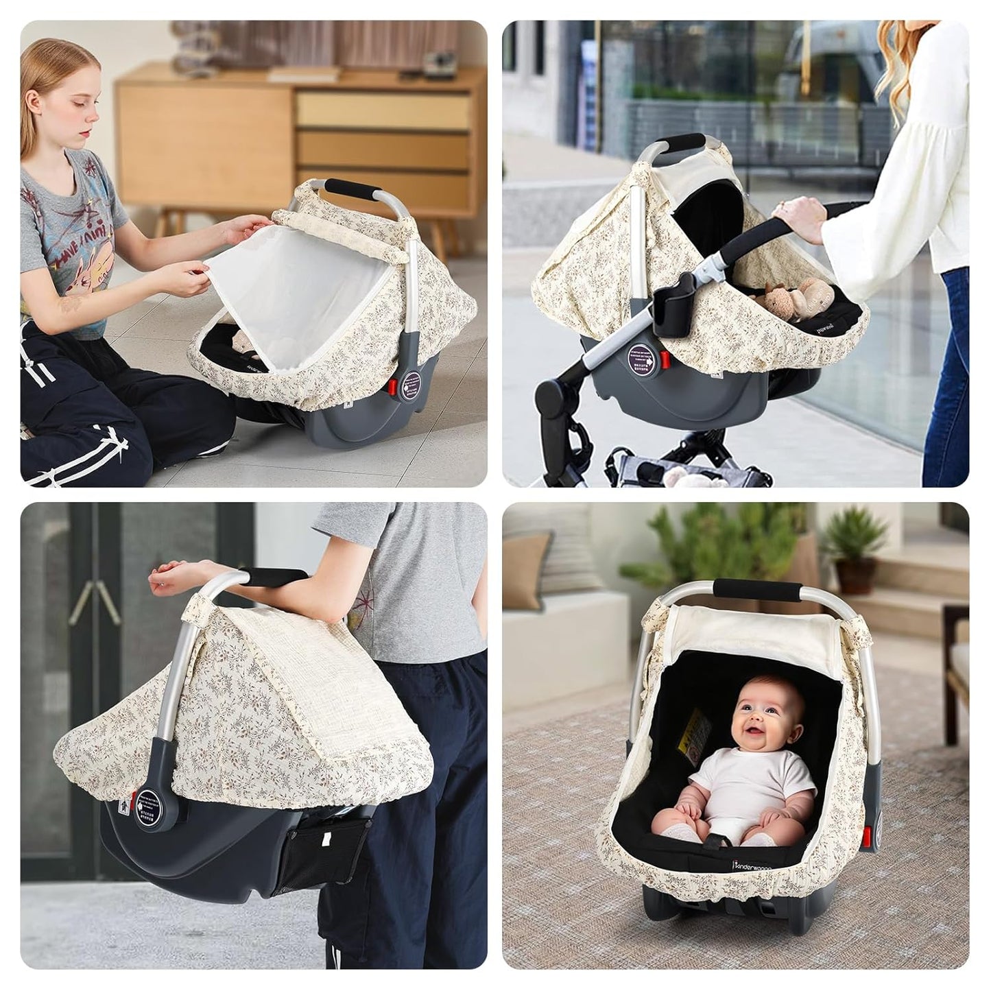 Beberoad Love Baby Car Seat Cover, Breathable Mesh Window & Windproof Canopy, Universal Fit for Infant Car Seats – Lightweight, Easy Install (Beige)