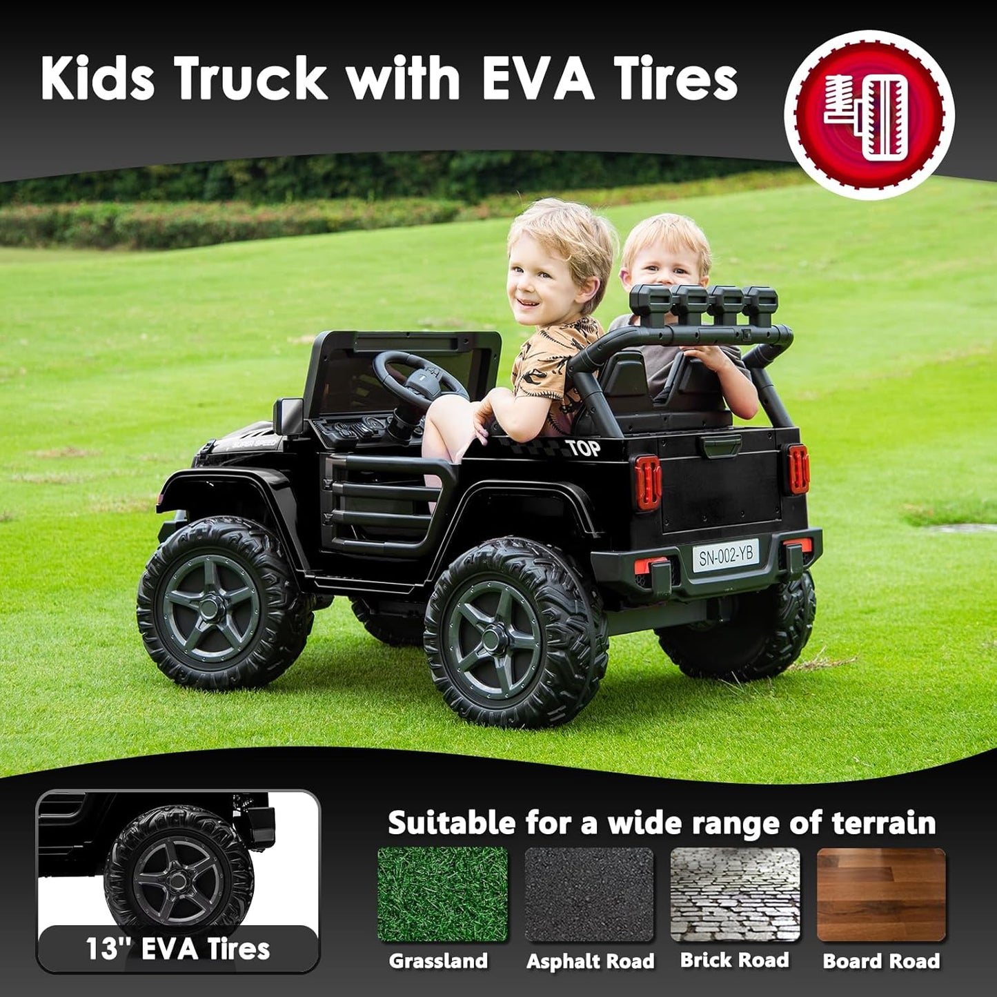 24V 2 Seater Ride On Truck with Remote Control 4WD Electric Car for Kids Ride On Car Battery Powered Ride On Toy Car with Music Player, LED Lights, Bluetooth, Rear Shock Absorber, Black