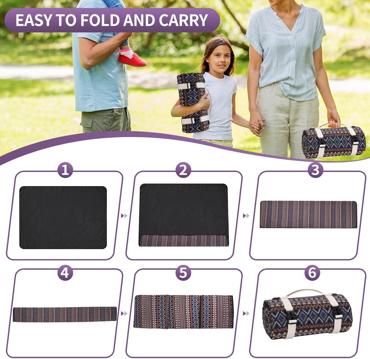 Picnic Blankets Outdoor Extra Large-Waterproof Picnic Blanket with Shoulder Carry Strap | Machine Washable Picnic Mat with Sandproof Backing for Park , Grass, Camping, Hiking, Concerts (Blue)