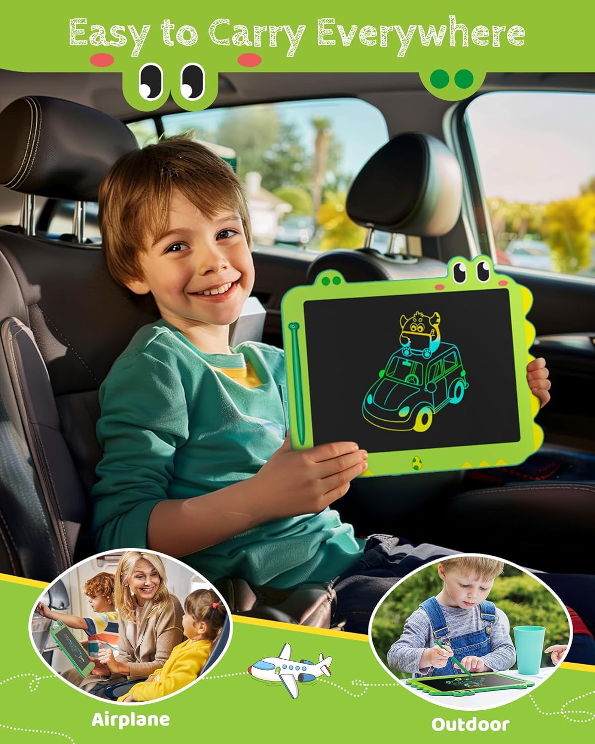 TEKFUN LCD Writing Tablet for Kids, 12 Inch Doodle Board for Toddler, Colorful Drawing Tablet, Reusable Electronic Pads Educational and Learning Toys Gifts for 3-13 Years Old Boys and Girls (Green)