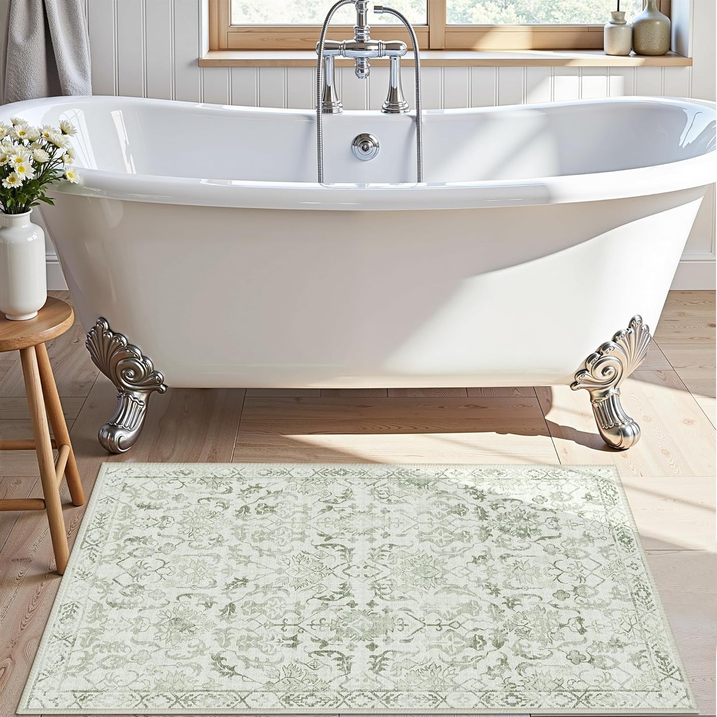 Sage Small Area Rug 2x3 Throw Rug for Entryway Bathroom Kitchen, Non-Slip Low-Pile Washable Distressed Modern Boho Floor Carpet for Laundry Room, Indoor Washstand Vanity Front Mat 24x36 Inch