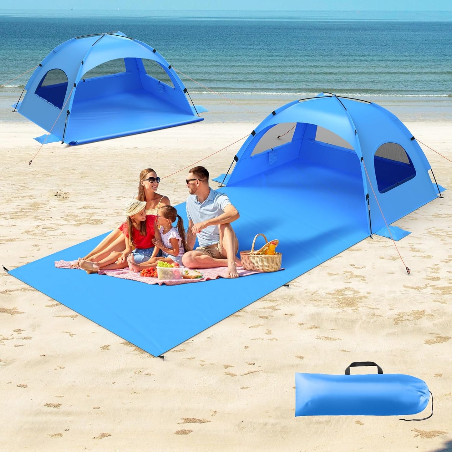 Beach Tent Sun Shelter with Extended Sand Mat 114×82inch，UPF 50+ Protection, 3 Double-Layer Windows for Enhanced Privacy; Portable Beach Shade, 3-4 People. Windproof and Waterproof