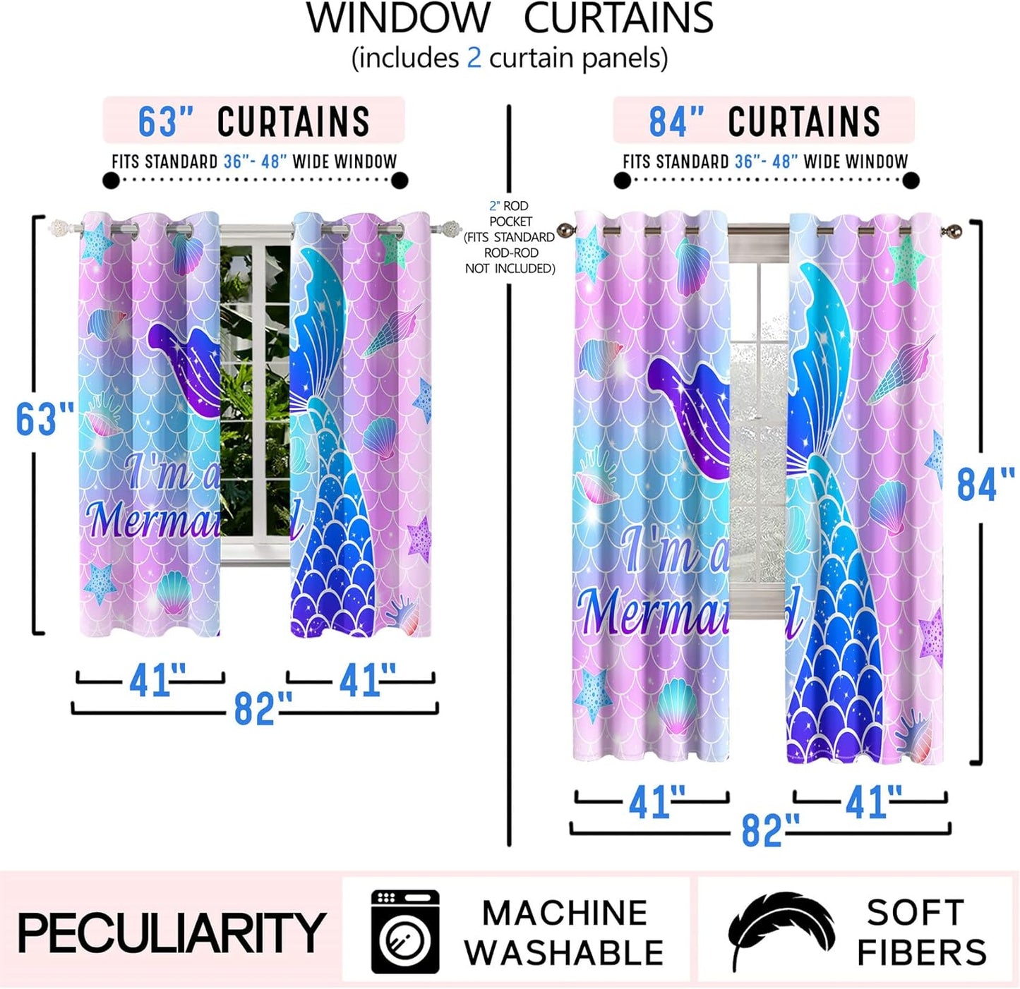 Mermaid Curtains Panels for Girls Room Pink Mermaid Blackout Curtains 63 inch Length for Girls Bedroom Living Nursery Room Grommet Top Thermal Insulated Curtains, 2 Pcs Panels, 82" x 63"