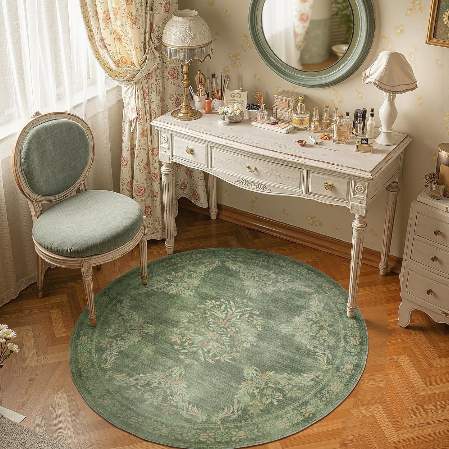 jinchan Round Rug 4ft Area Rugs Vintage Floral Distressed Design,Machine Washable Soft Non-Slip Low-Pile Ultra-Thin Circle Rug for Entryway Bedside Living Room Kitchen Nursery (4' Round,Dark Green)