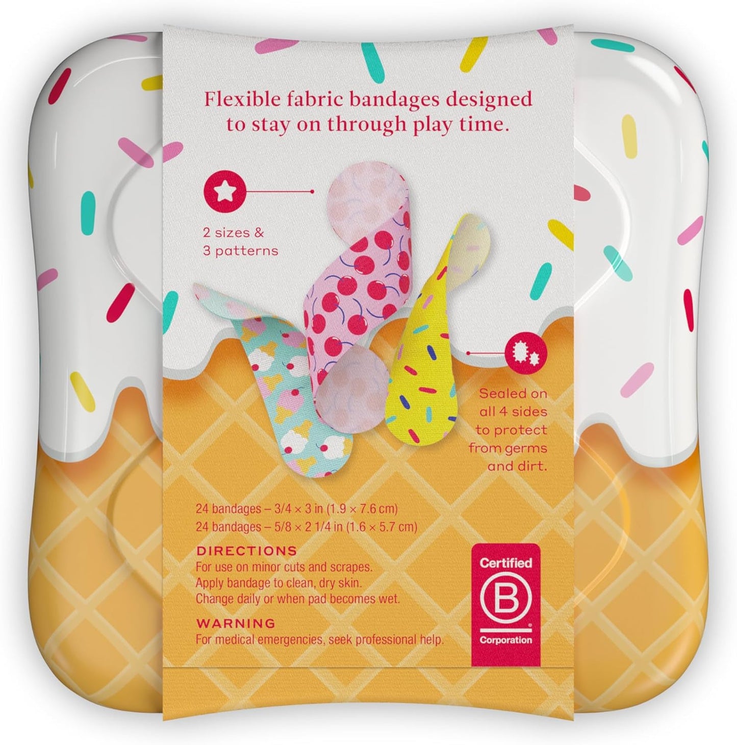 Welly Bandages | Adhesive Flexible Fabric Bravery Badges | Assorted Shapes for Minor Cuts, Scrapes, and Wounds | Colorful and Fun First Aid Tin | Ice Cream Patterns - 48 Count