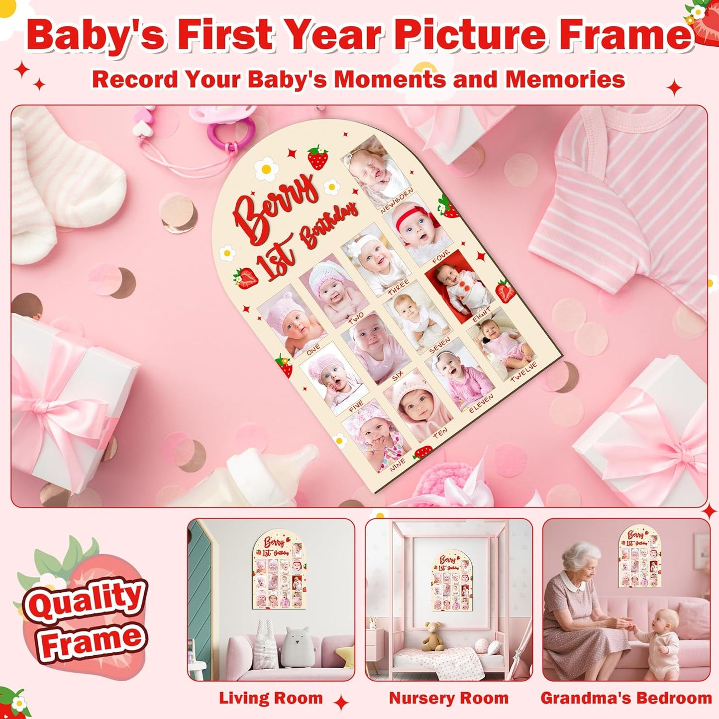 R HORSE 3D Berry 1st Birthday Wood Photo Display Board, Adorable Strawberry Baby's First Year Picture Frame, 1-12 Months Milestone Board Birthday Decorations Keepsake Gift for Baby Girls Nursery Decor