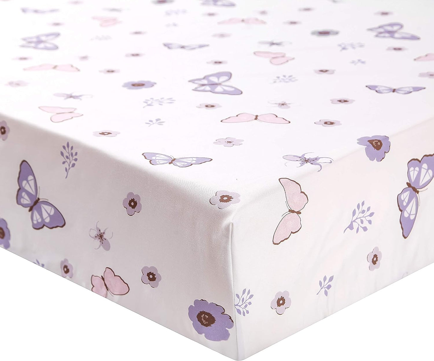 La Premura 3-Piece Purple Butterfly Baby Crib Bedding Set for Girls, Lilac Standard Size Crib Set for Baby Girl, Comforter, Fitted Sheet, and Dust Ruffle Skirt, Baby Nursery Floral Design for Girls