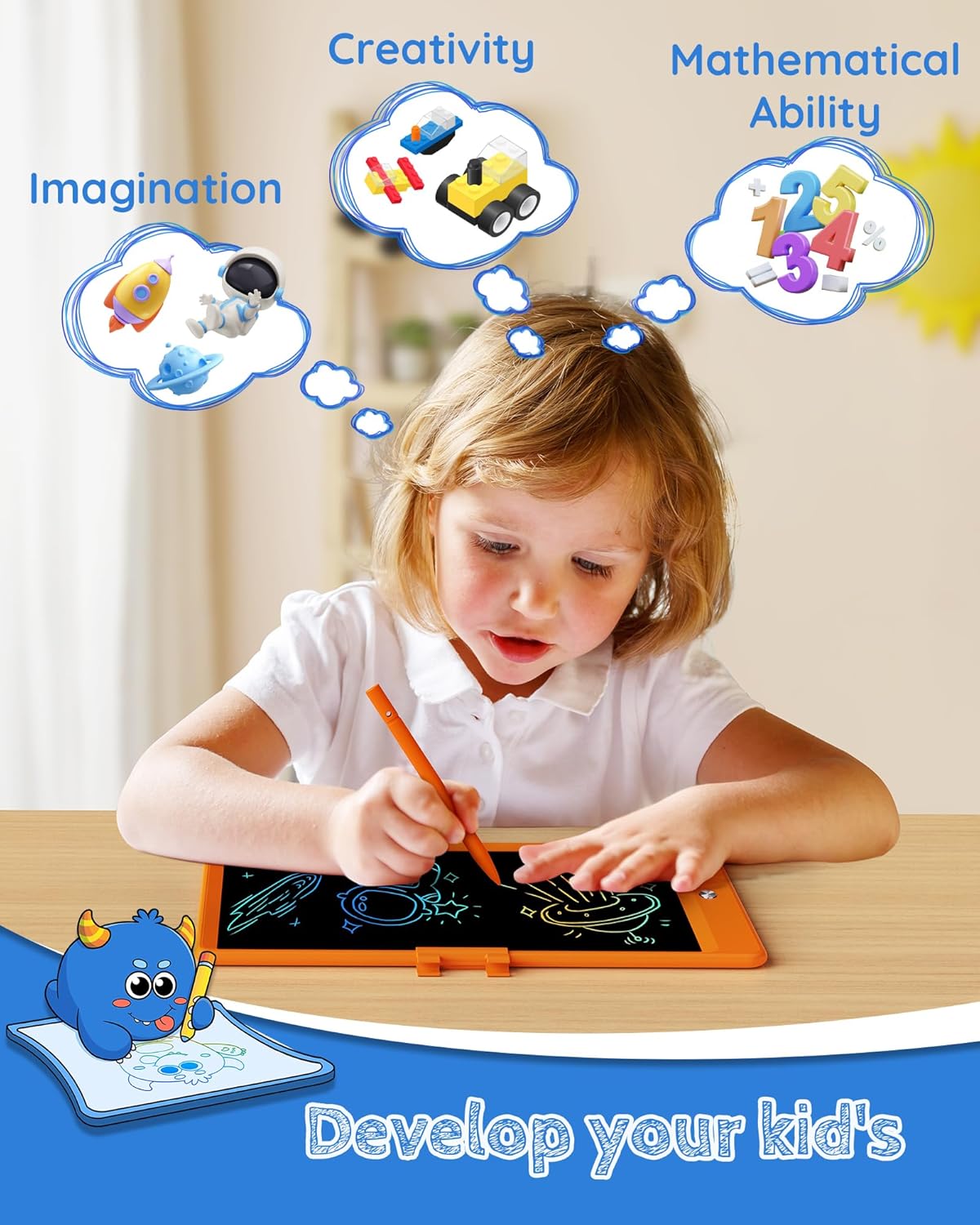 TEKFUN Toys for Girls Boys 10IN LCD Writing Tablet, Magic Doodle Board with Anti-Lost Stylus, Mess Free Coloring for Toddlers Drawing Pad, Toddler Travel Car Plane Trip Toys Gifts (Orange)