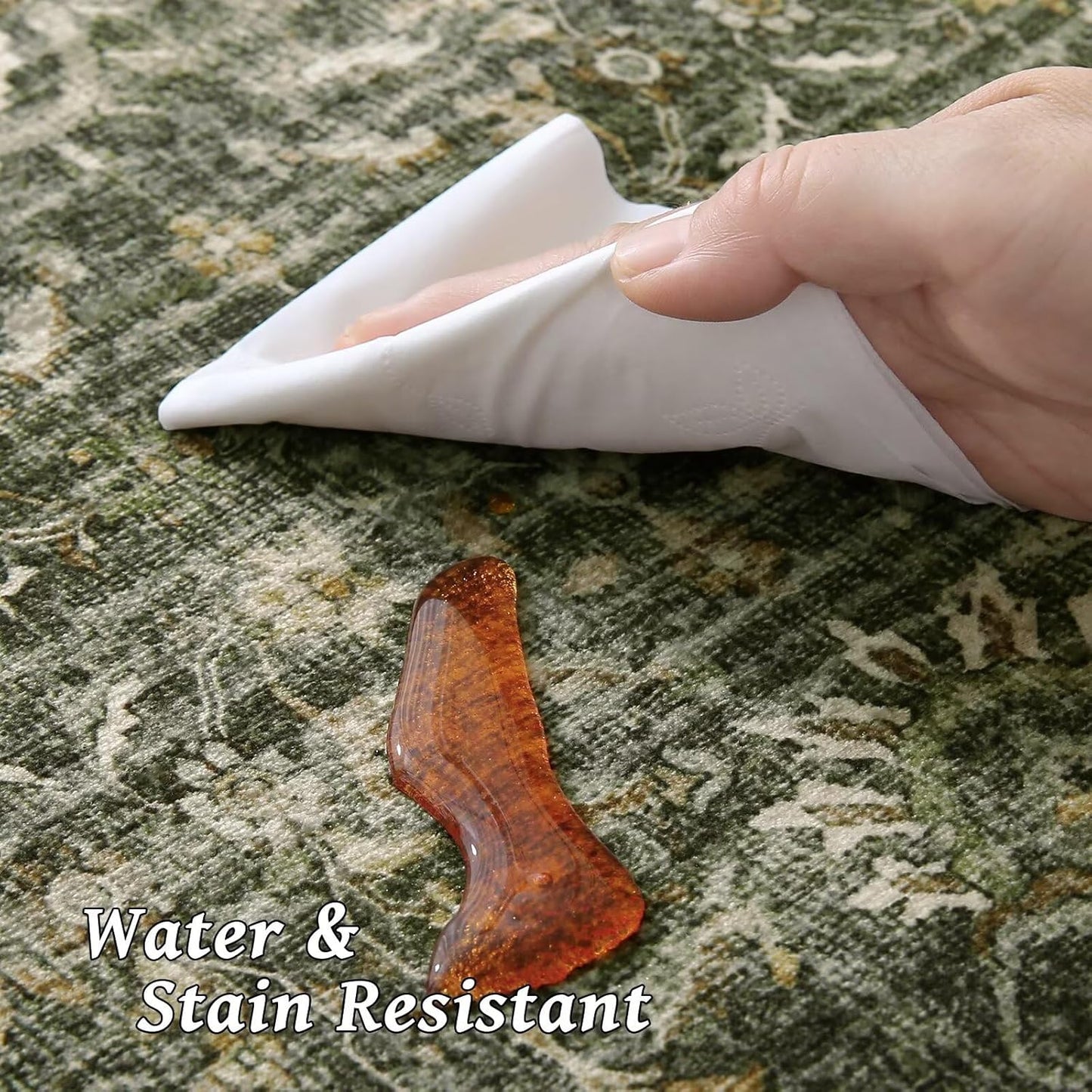 Washable 4x6 Rugs for Living Room, Boho Non-Slip Silicone Backing Small Rugs for Bedroom Nursery Office, 0.3" Neutral Oriental Throw Carpet with 0.16" Cushioning Pad, Grass Green/Multi