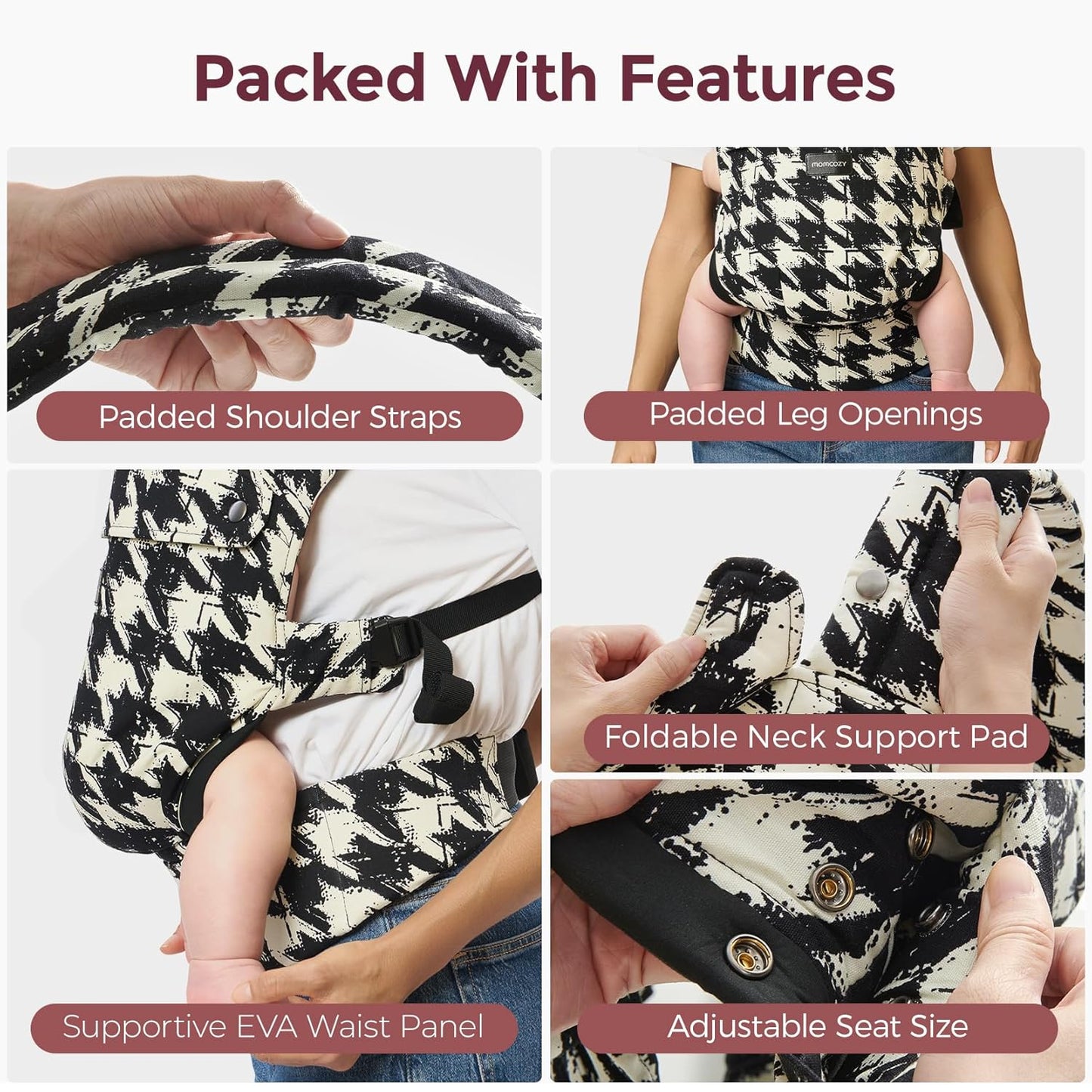 Momcozy Baby Carrier - Ergonomic, Cozy and Lightweight Carrier for 3-24 Months, Effortless to Put On, Ideal for Hands-Free Parenting, Enhanced Lumbar Support, Houndstooth