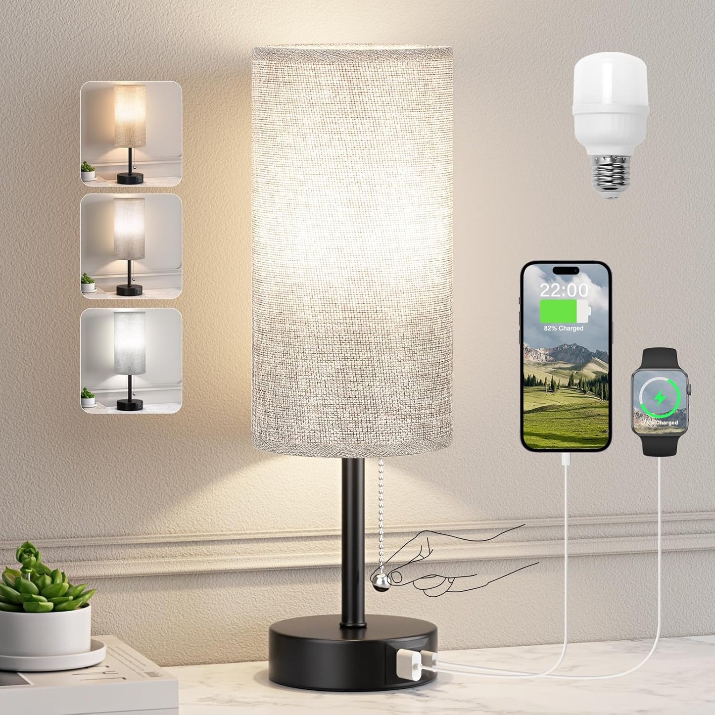 Grey Bedside Lamp for Bedroom Nightstand - Small Table Lamp with USB A + C Charging Port, 3 Color Temperatures Pull Chain Night Stand Light with Bulb, Side Table Desk Reading Lamp for Living Room/Dorm