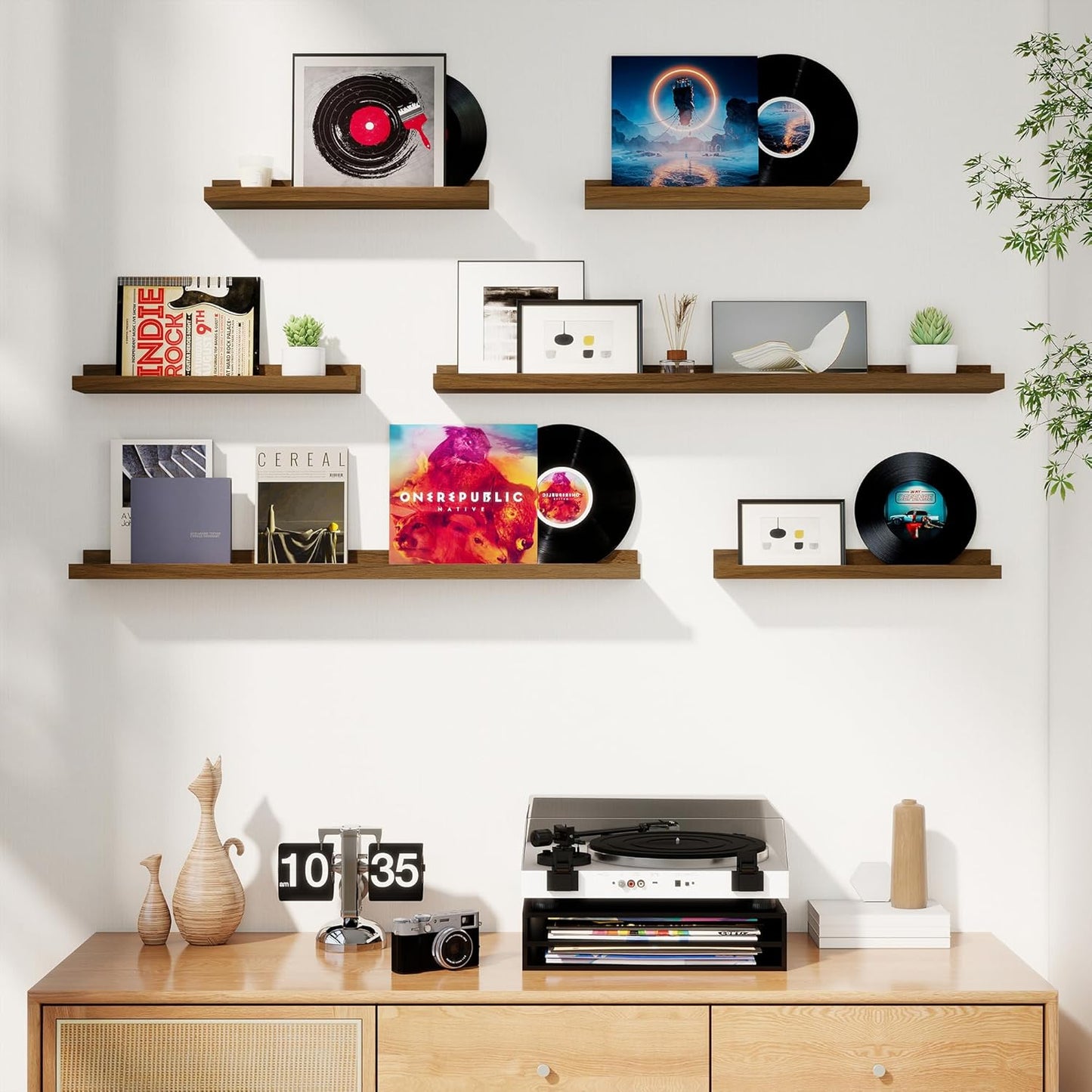 Axeman Picture Ledge Shelf, Floating Shelves for Wall Decor Storage Set of 6, 16 inch Floating Wall Mounted Shelves, Wall Shelves with Lip for Living Room, Bedroom, Nursery, Bathroom, Kitchen, Walnut