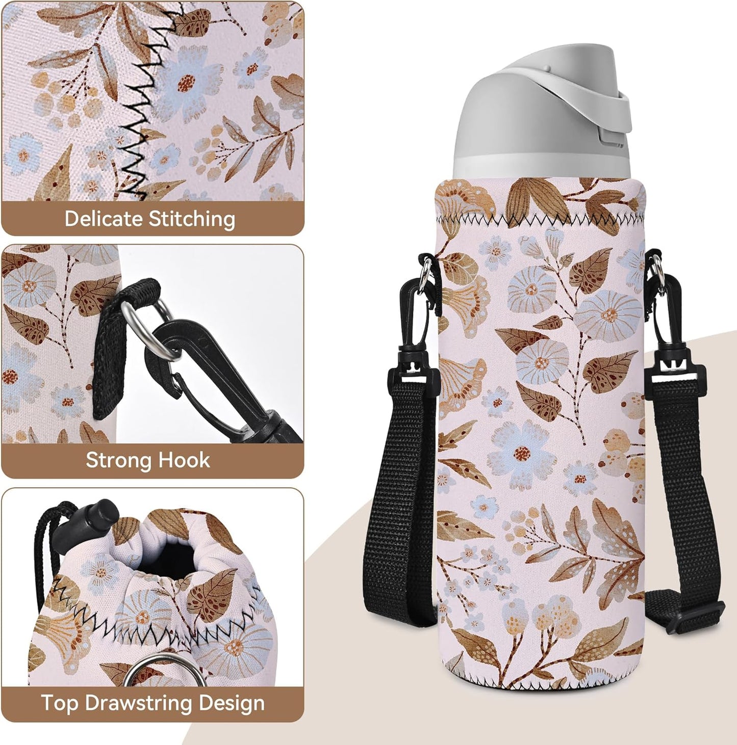 RICHEN Neoprene Water Bottle Carrier Bag with Adjustable Shoulder Strap,Insulated Water Bottle Cover for Stainless Steel/Glass/Plastic Bottles